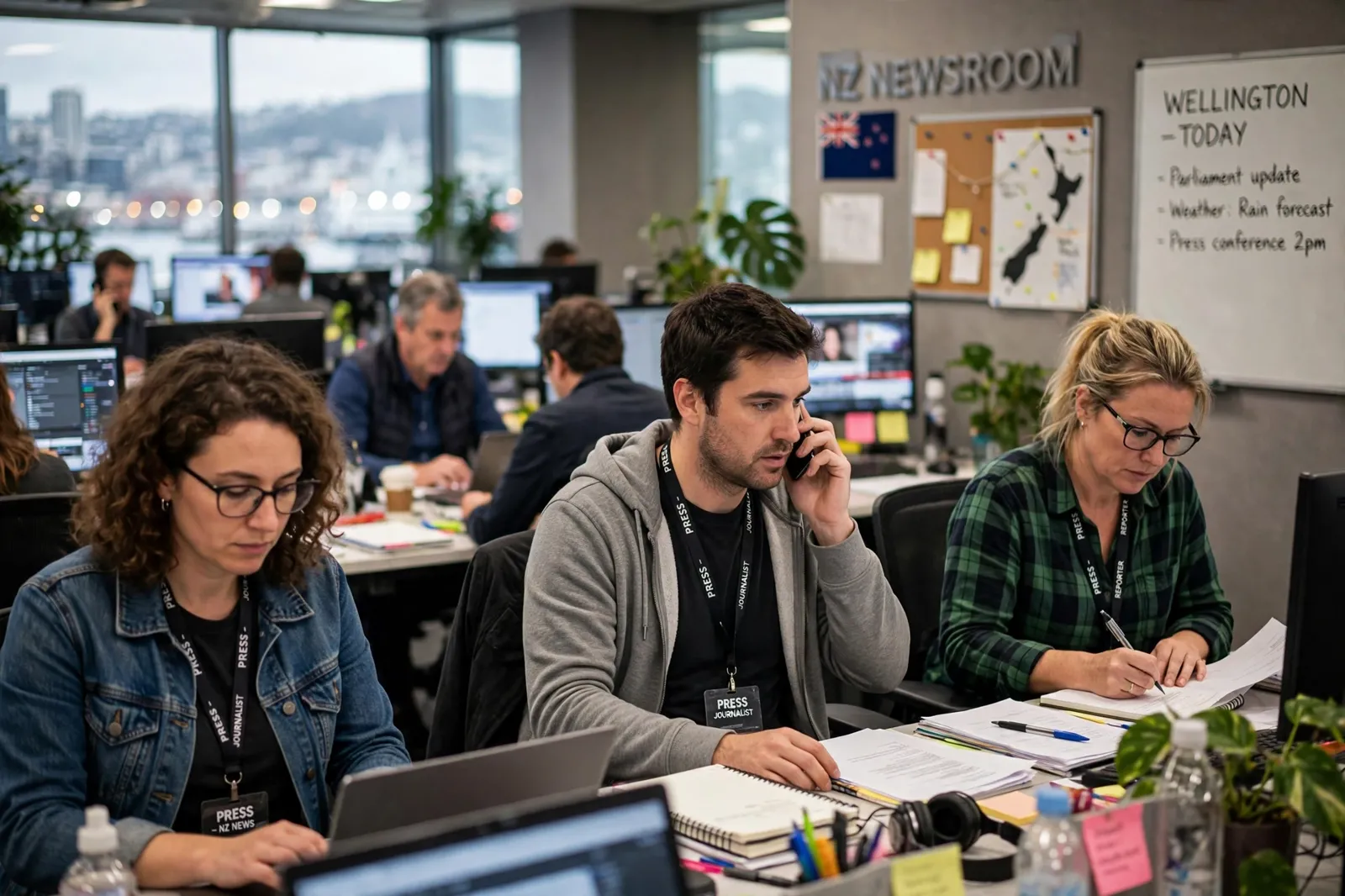 Journalists working in a New Zealand newsroom