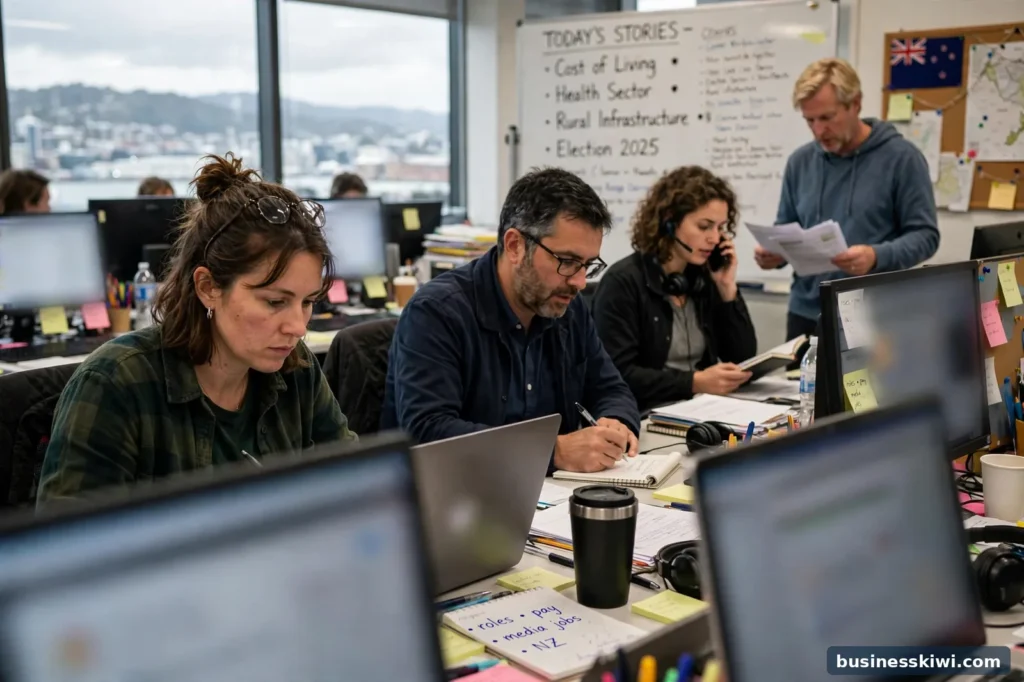 Journalists working in a newsroom