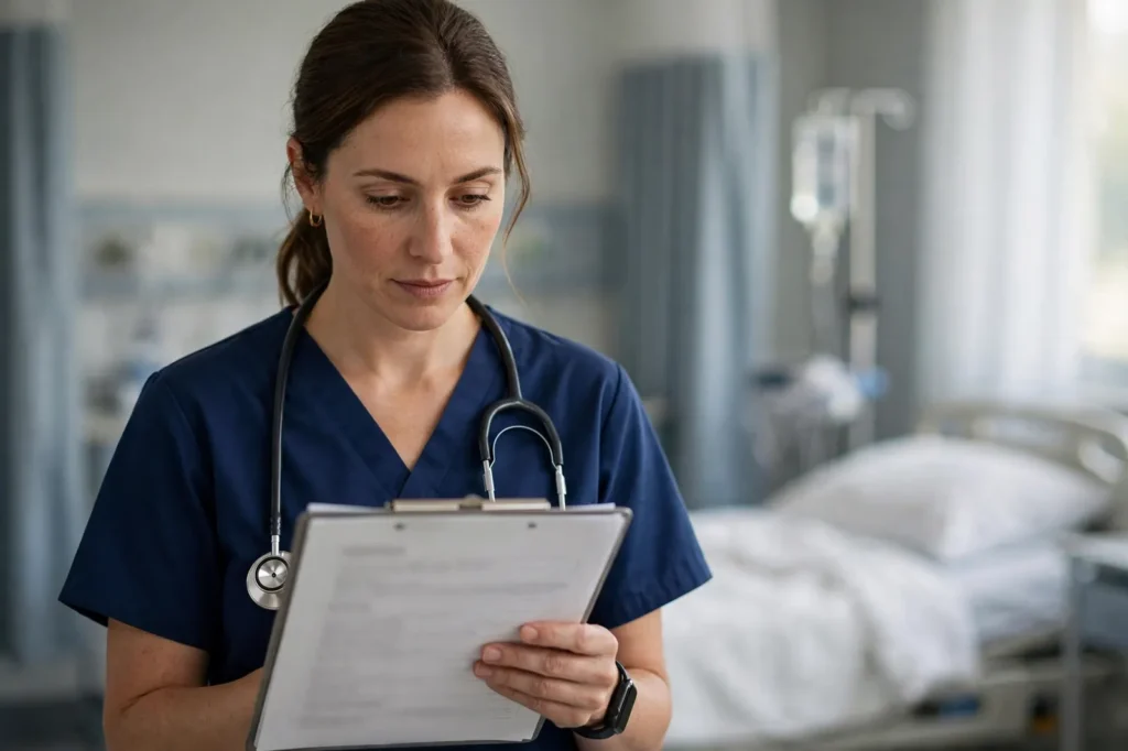 A registered nurse reviewing patient notes on a ward