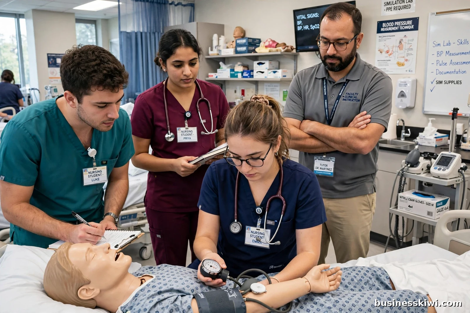 Nursing students practising blood pressure measurement on a training manikin in a university simulation lab while their tutor watches, businesskiwi.com