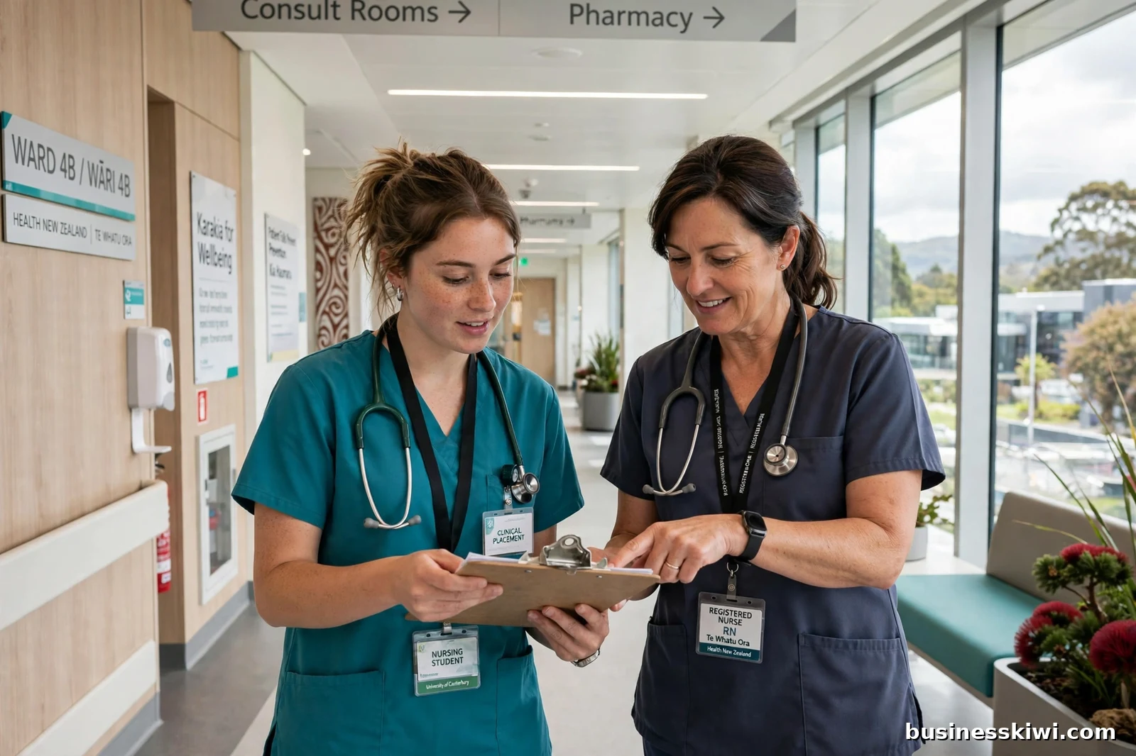 A nursing student in teal scrubs reviewing a patient chart with a registered nurse in a bright New Zealand hospital corridor, businesskiwi.com