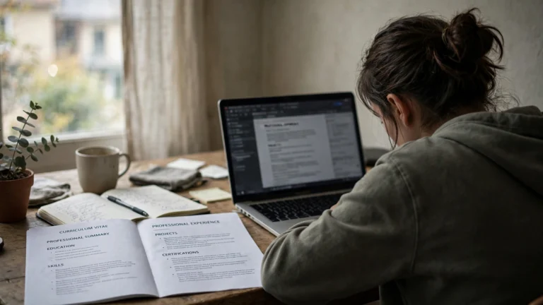 Person typing on a laptop with a printed CV beside them, writing a CV for a New Zealand job application