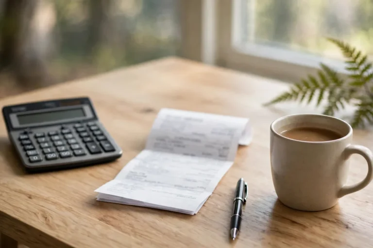 Calculator and payslip on a desk used to work through New Zealand income tax rates