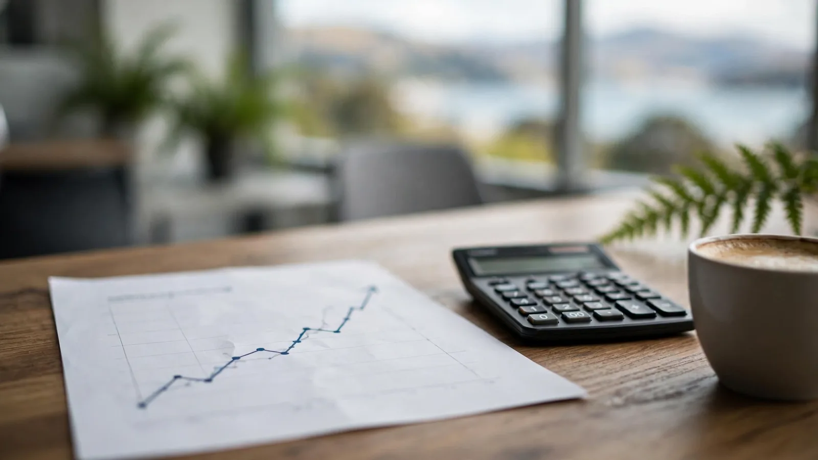 Printed interest rate forecast chart with a rising line on a desk beside a calculator