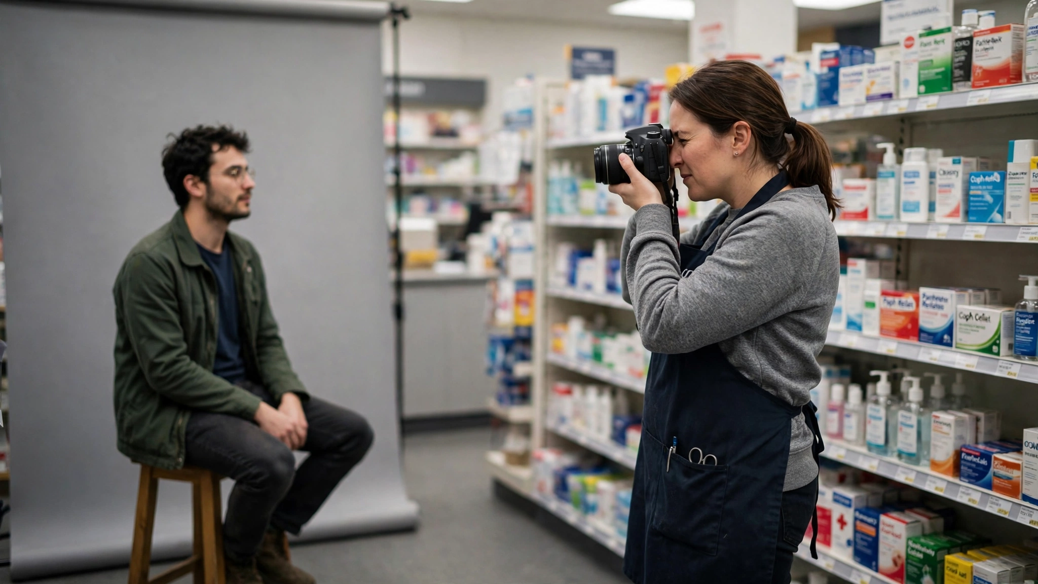 A person having a passport photo taken against a plain light background at a pharmacy photo counter in New Zealand
