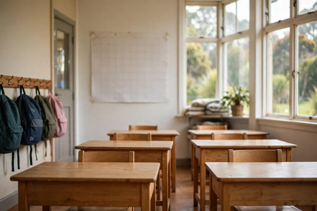 Empty New Zealand school classroom with backpacks by the door
