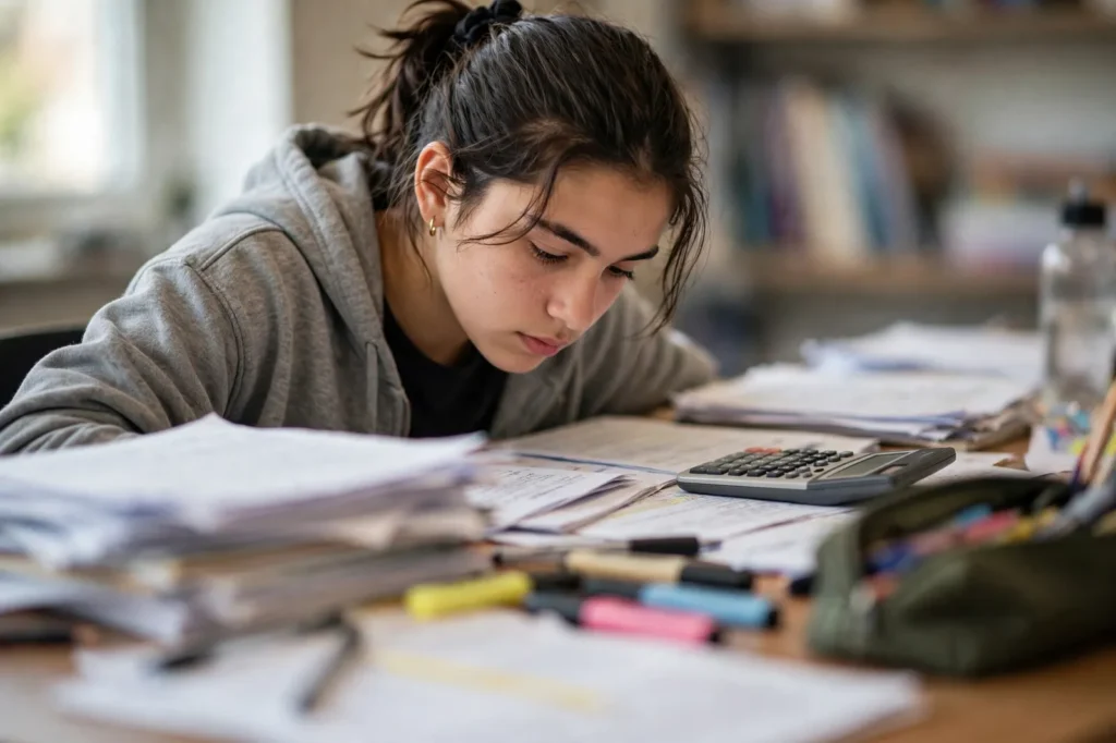A student studying for NCEA exams at a desk covered in past papers