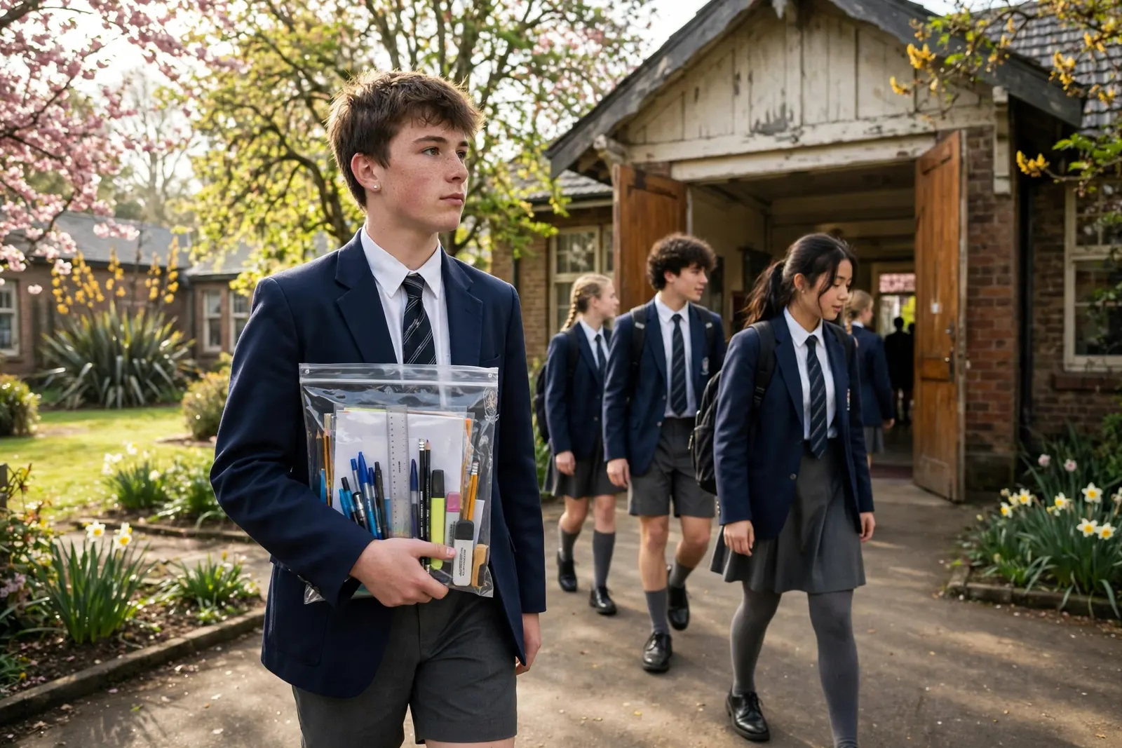 Students arriving at a school exam hall in New Zealand with admission slips and clear stationery bags
