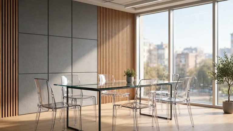 Meeting room with grey acoustic wall panels and timber slat panels
