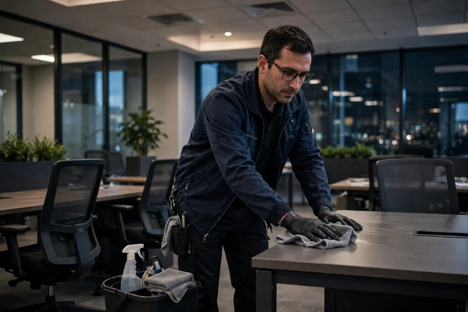 A commercial cleaner wiping down office desks