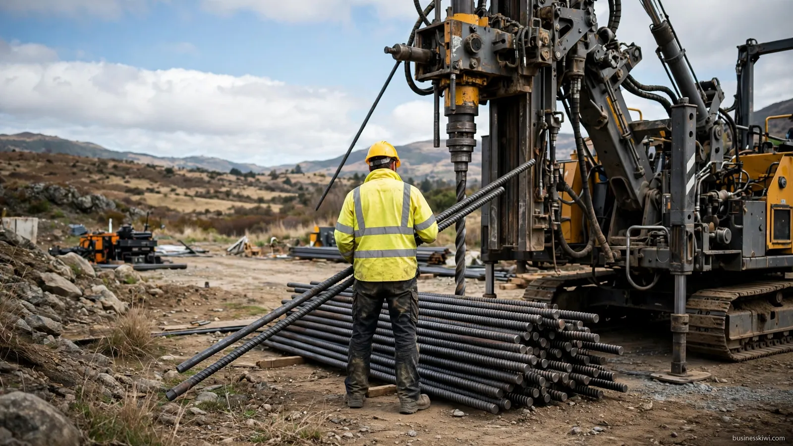 An offsider handling drill rods
