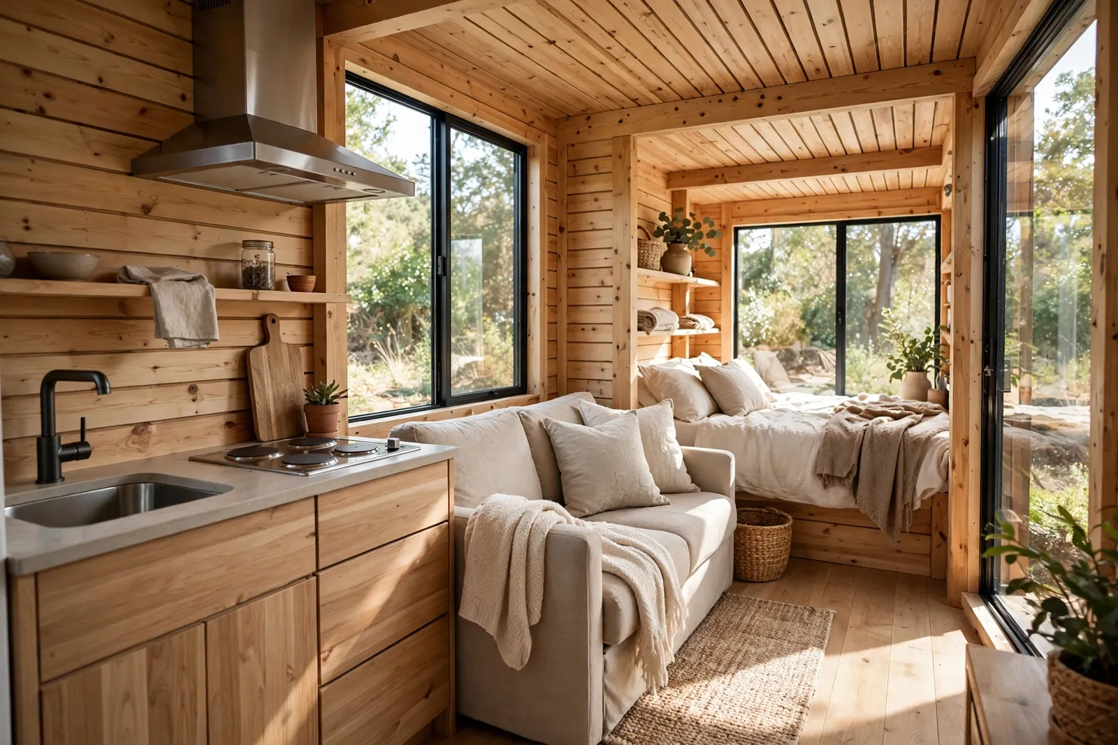 Inside a one bedroom tiny home with kitchen, sofa and bed