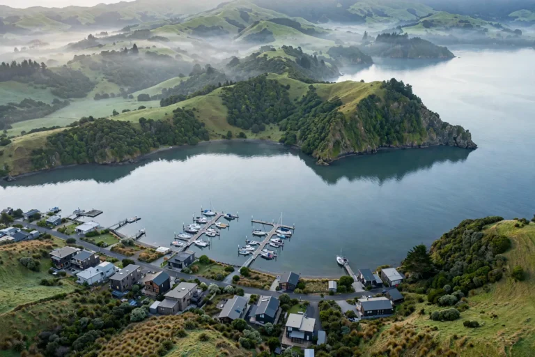 Aerial view of a coastal settlement and marina on a sheltered Northland harbour in New Zealand