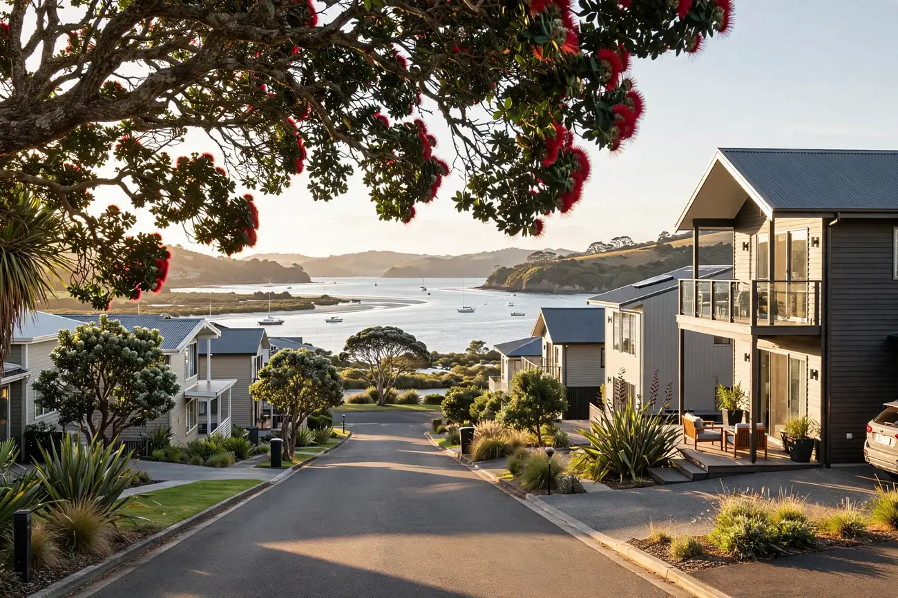 Homes on a One Tree Point street looking down to the estuary under a pohutukawa tree