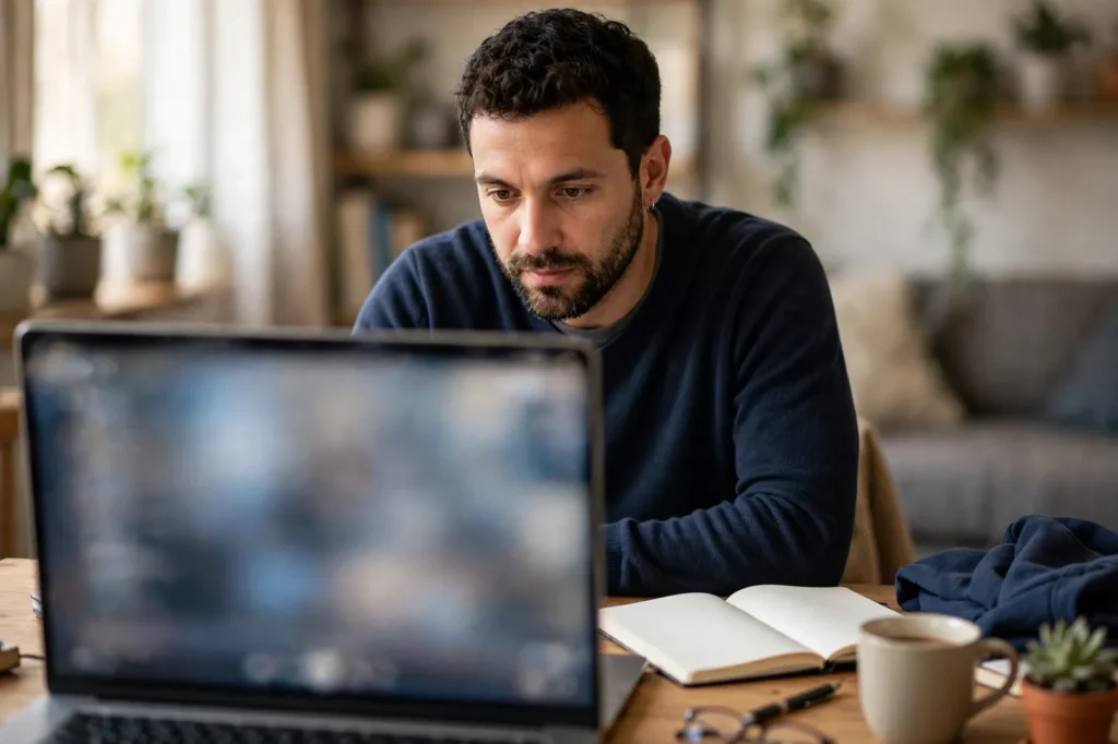 A man taking an online course on a laptop at home
