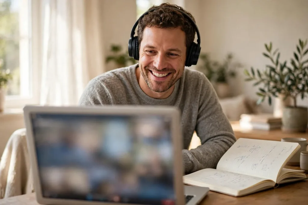 A man taking an online Spanish class on his laptop at home