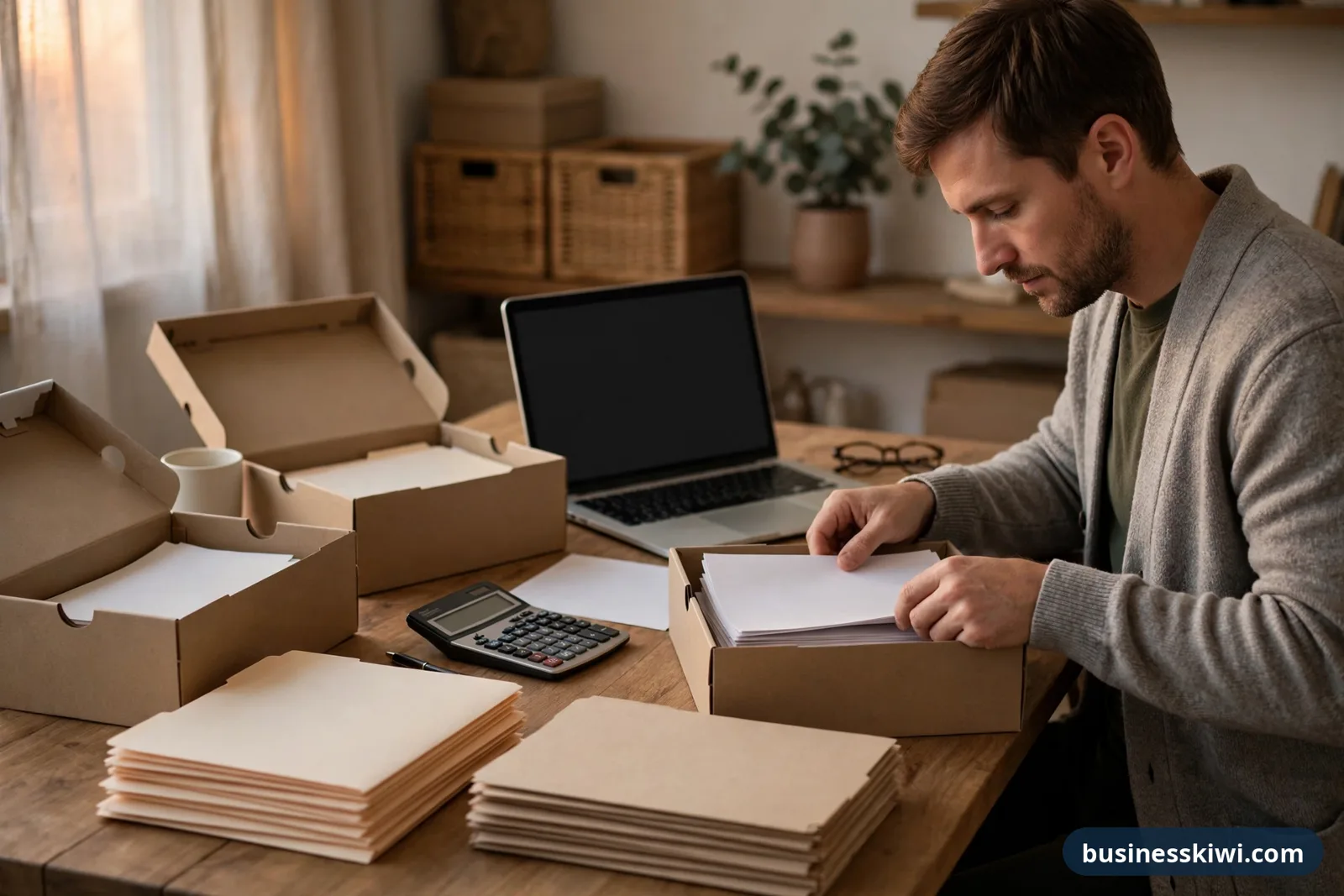 A small business owner sorting business records into archive boxes at a home office desk
