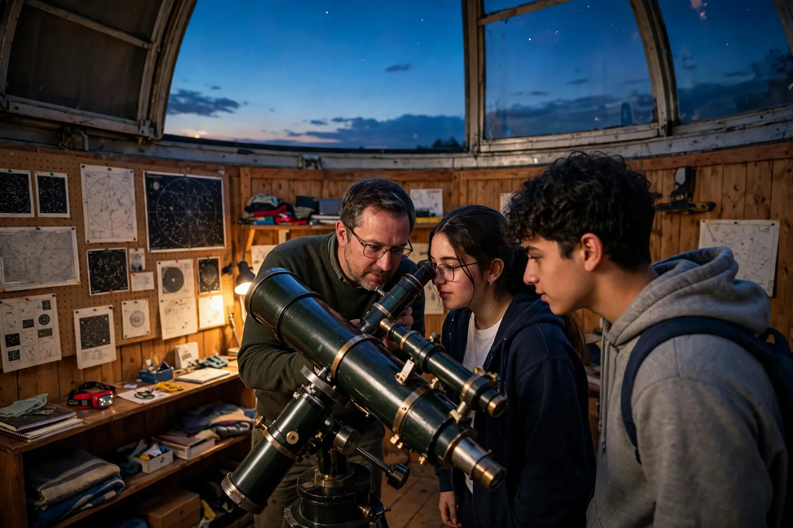 Students looking through a telescope at a school observatory