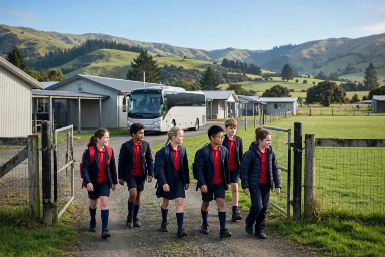 Students in uniform arriving at a rural school with a coach bus and foothills behind