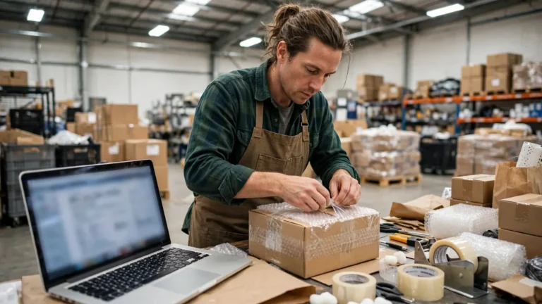 Small business owner packing export parcels for Australia in a warehouse