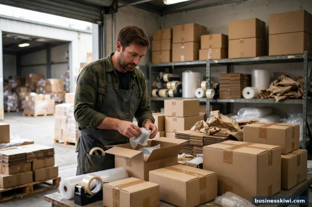 A New Zealand business owner packing parcels for export in a warehouse