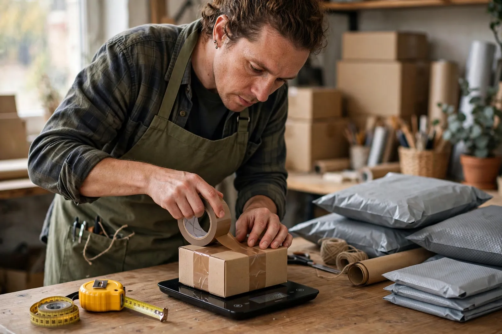 A small business owner taping and weighing a parcel for the courier