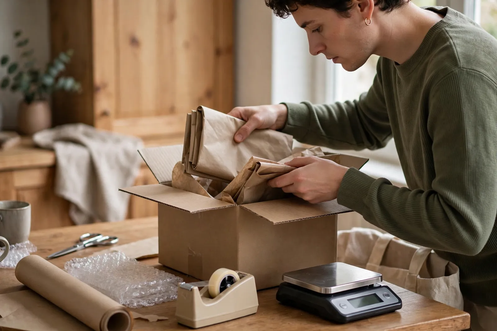 A man packing a parcel for posting with a scale nearby