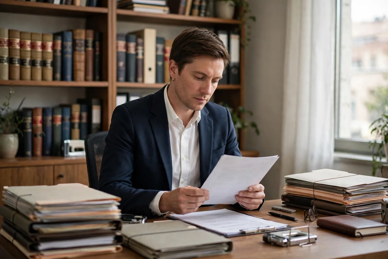A legal professional reviewing a document at a desk stacked with legal files in a law office