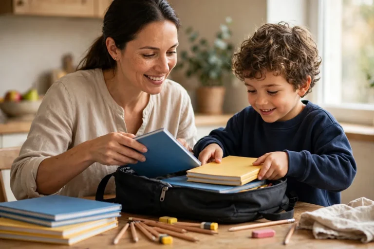 A parent and child packing exercise books into a school backpack