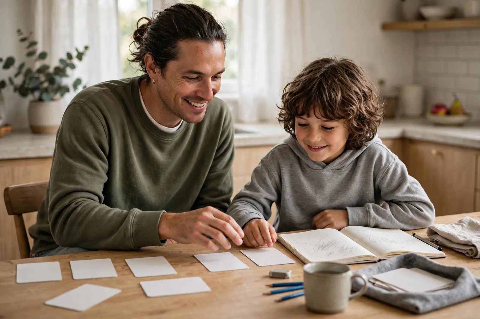 A parent helping a child practise times tables with flashcards at a kitchen table