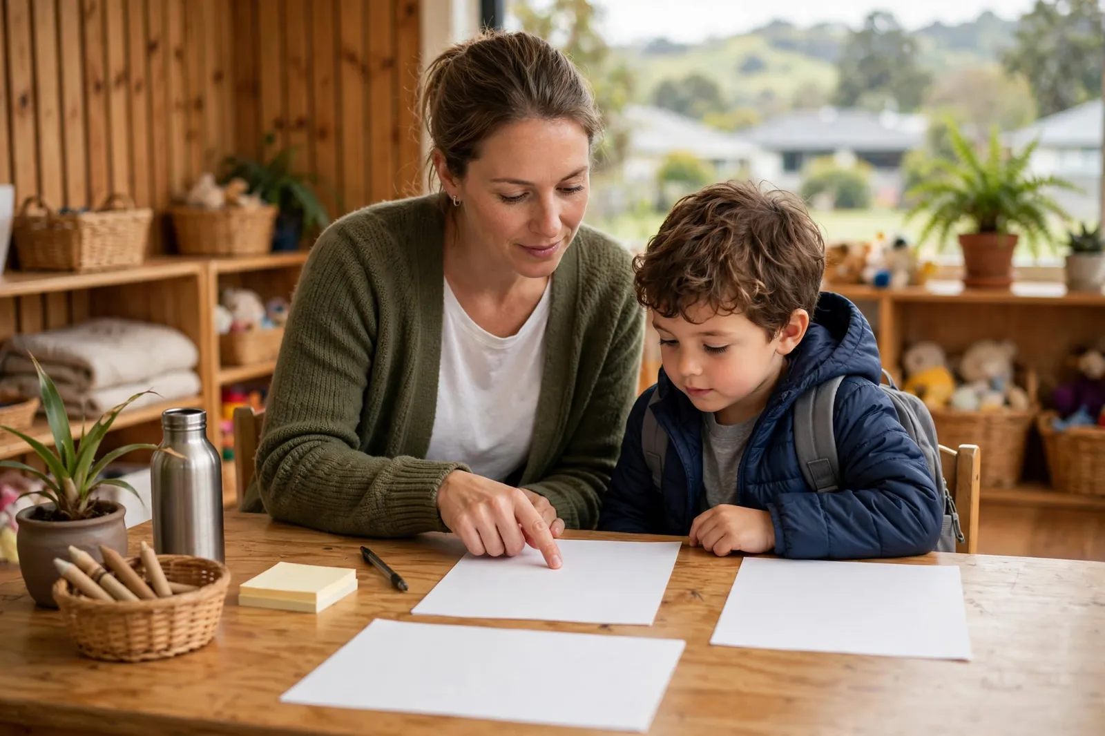 A parent enrolling a child at a kindergarten