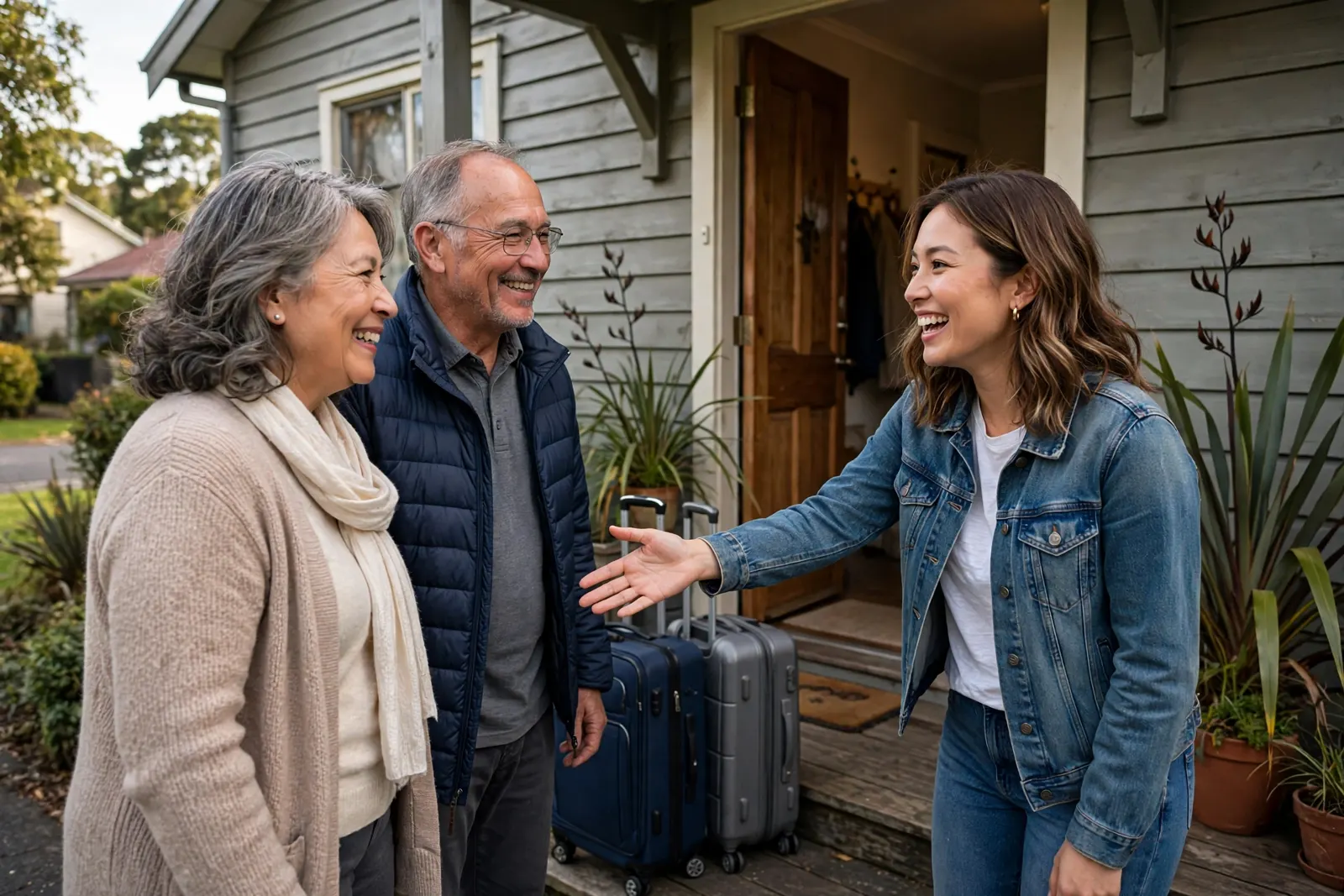 Adult daughter welcoming her parents to her New Zealand home