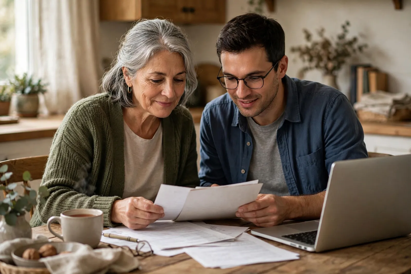 A parent and her adult son reviewing visa application documents together at home