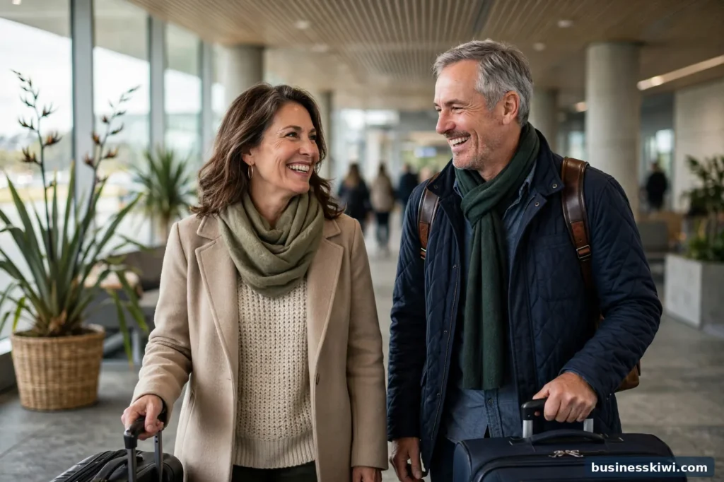 Parents arriving at a New Zealand airport to visit family