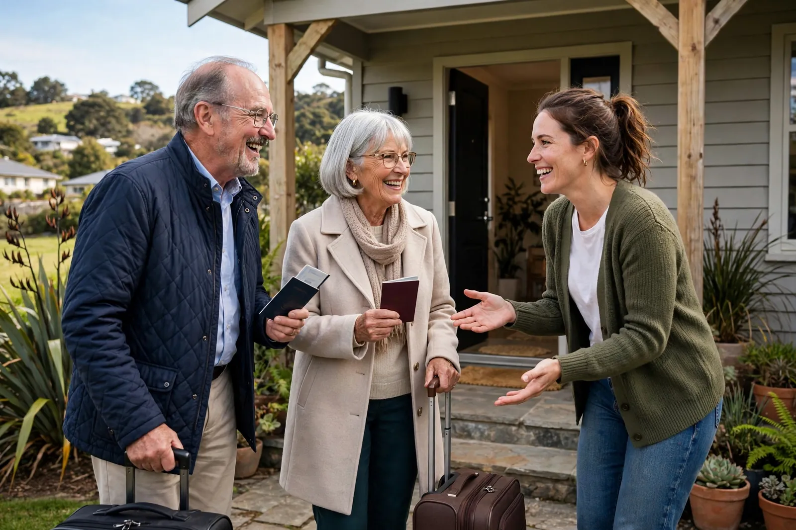 Parents with passports and suitcases being welcomed by their daughter at a New Zealand home
