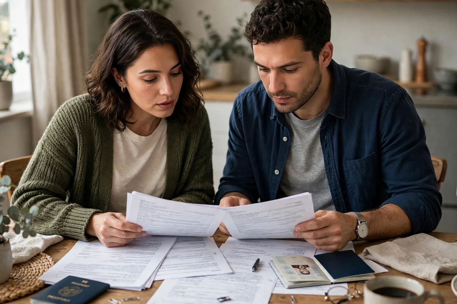 A couple reviewing their partner visa paperwork together