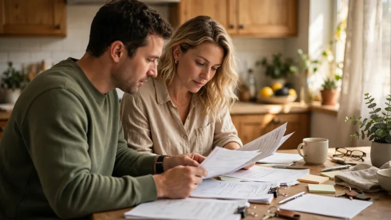A couple sitting side by side at a kitchen table at home, looking through visa application paperwork together.
