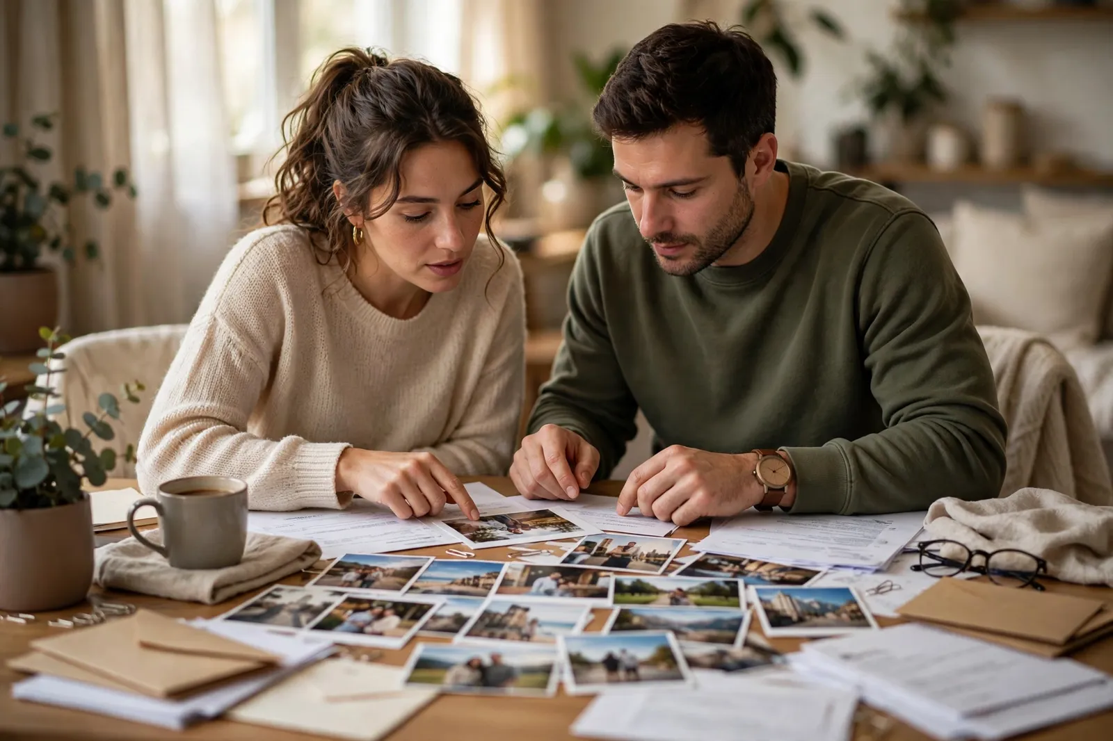 A couple sorting partnership evidence and photos at home