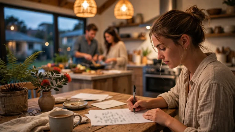 Friend handwriting a support letter at a dining table while a couple cooks together behind her