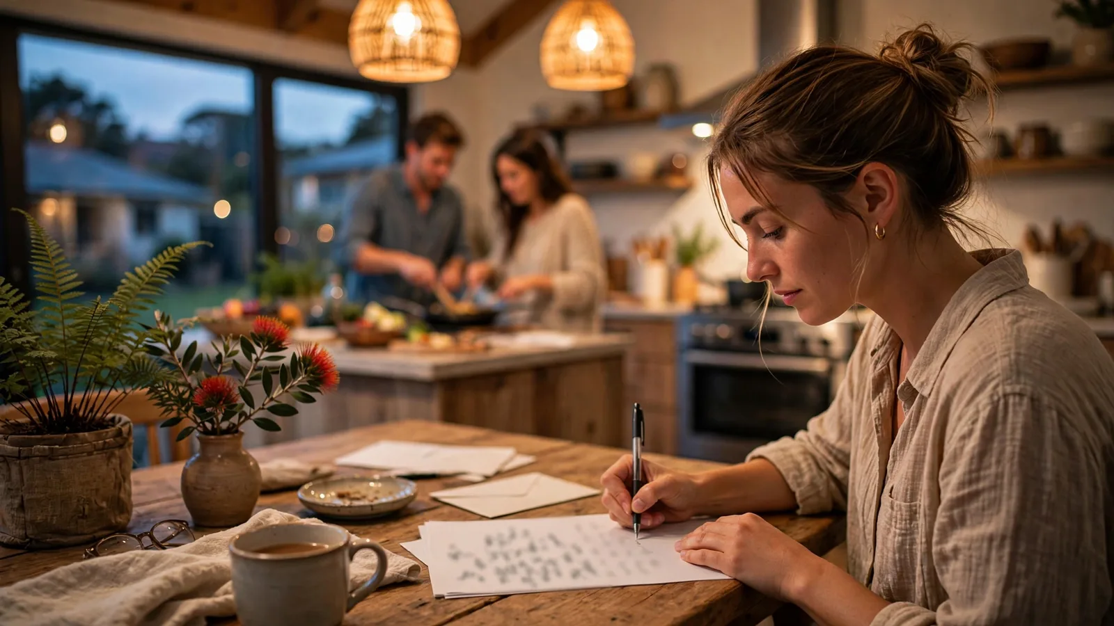 Friend handwriting a support letter at a dining table while a couple cooks together behind her