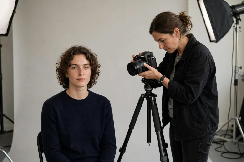 A person having their passport photo taken in a studio