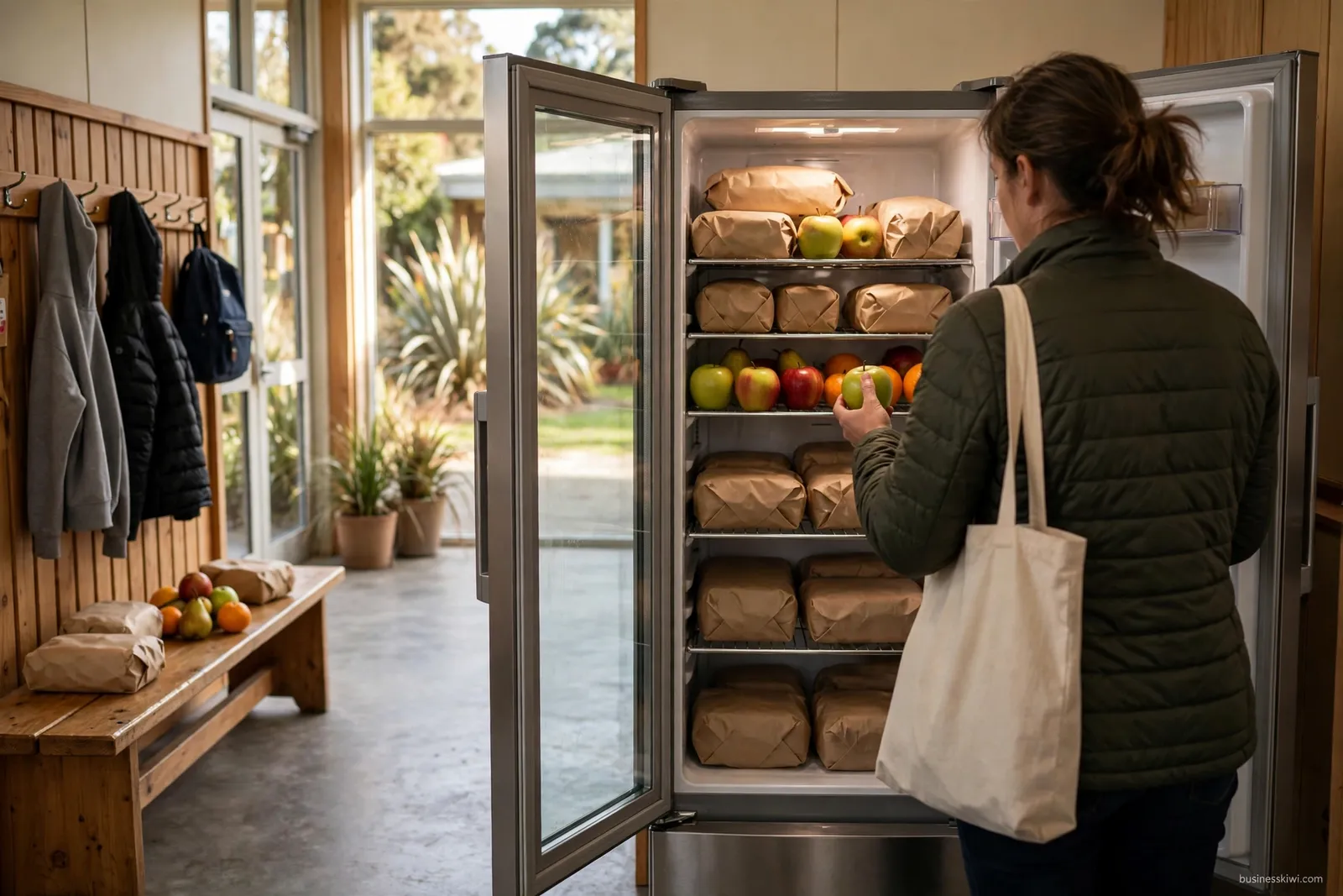 The school's Pātaka Kai fridge, stocked with surplus food for whānau