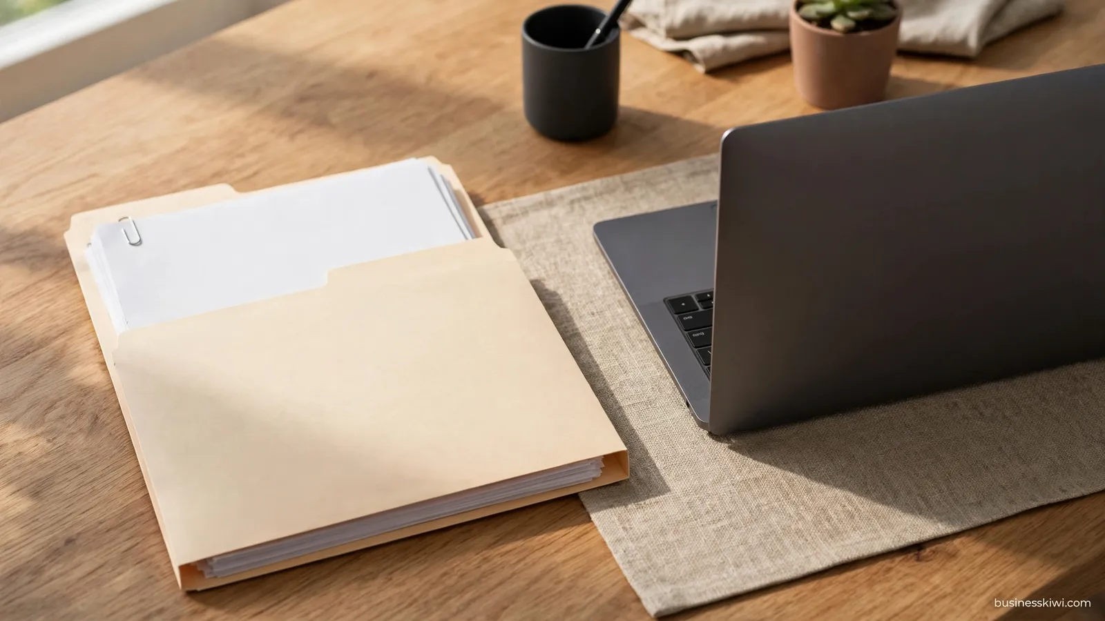 Payroll paperwork on an office desk