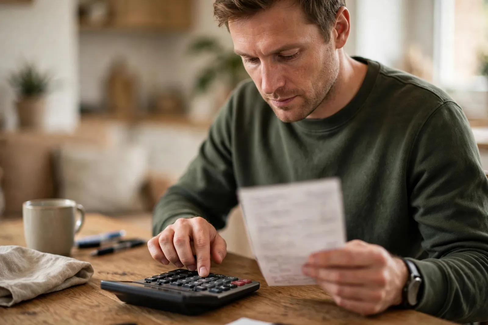 A worker checking his payslip with a calculator