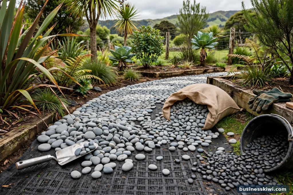 A garden path being laid with pebbles