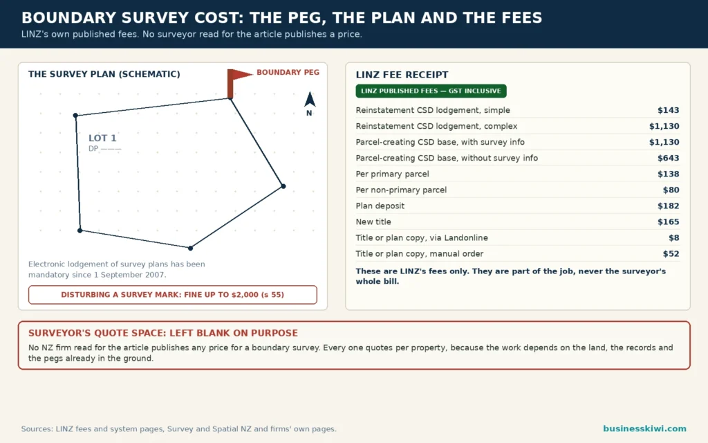 Boundary survey peg and plan fee receipt infographic: LINZ published fees including reinstatement lodgement $143 simple and $1,130 complex, parcel charges $138 and $80, plan deposit $182, new title $165, copies $8 online and $52 manual, $2,000 fine for disturbing a survey mark, and no surveyor price published