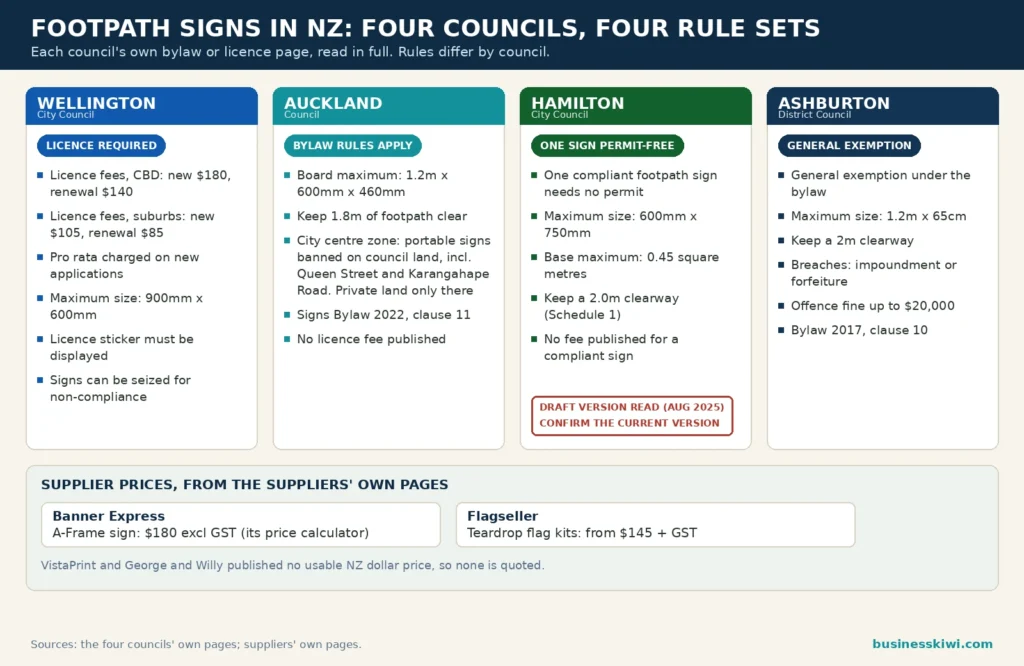 Footpath signs infographic: Wellington licence fees $180 CBD new and $105 suburbs new, maximum sizes for Wellington 900 by 600mm, Auckland 1.2m board and 1.8m clearway, Hamilton one sign permit-free from a draft bylaw, Ashburton 1.2m maximum and $20,000 offence fine, plus supplier prices