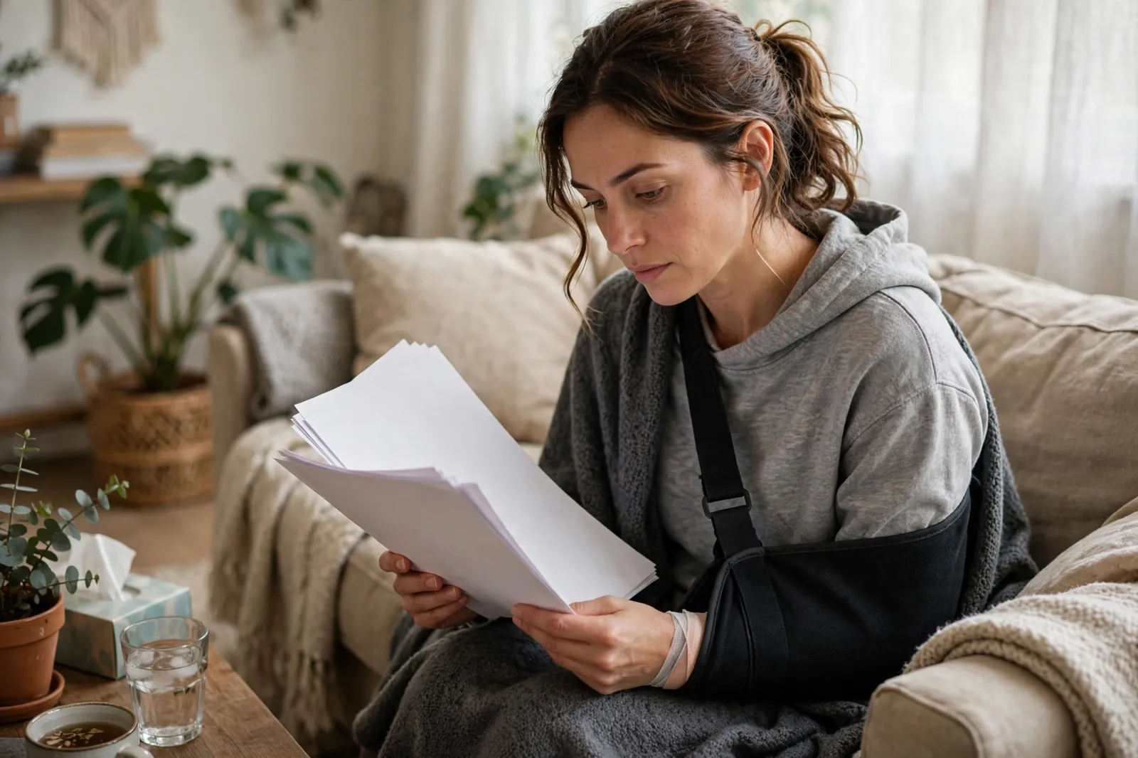 A person recovering at home and reviewing paperwork
