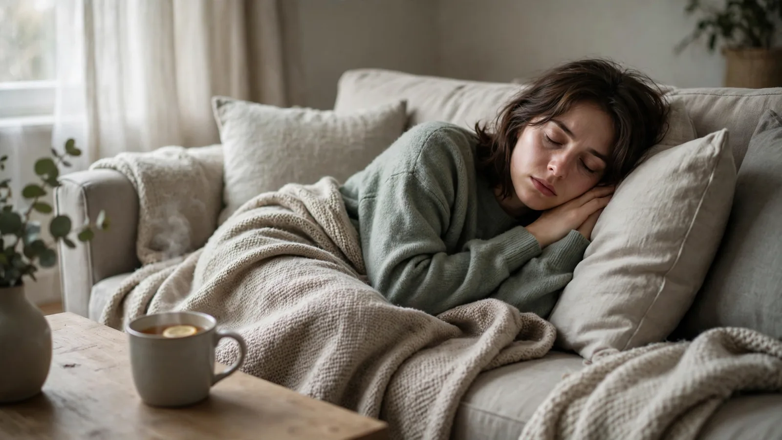 Person resting on a couch under a blanket while sick at home