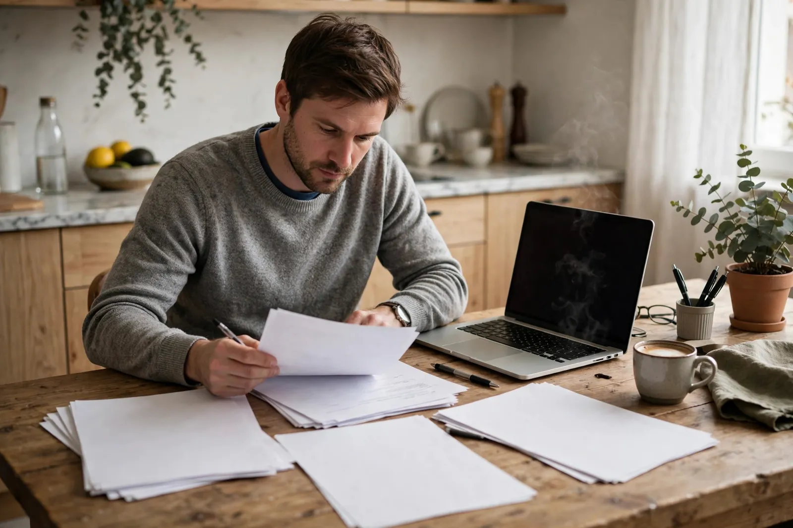 A person working through tax paperwork at a kitchen table with a laptop